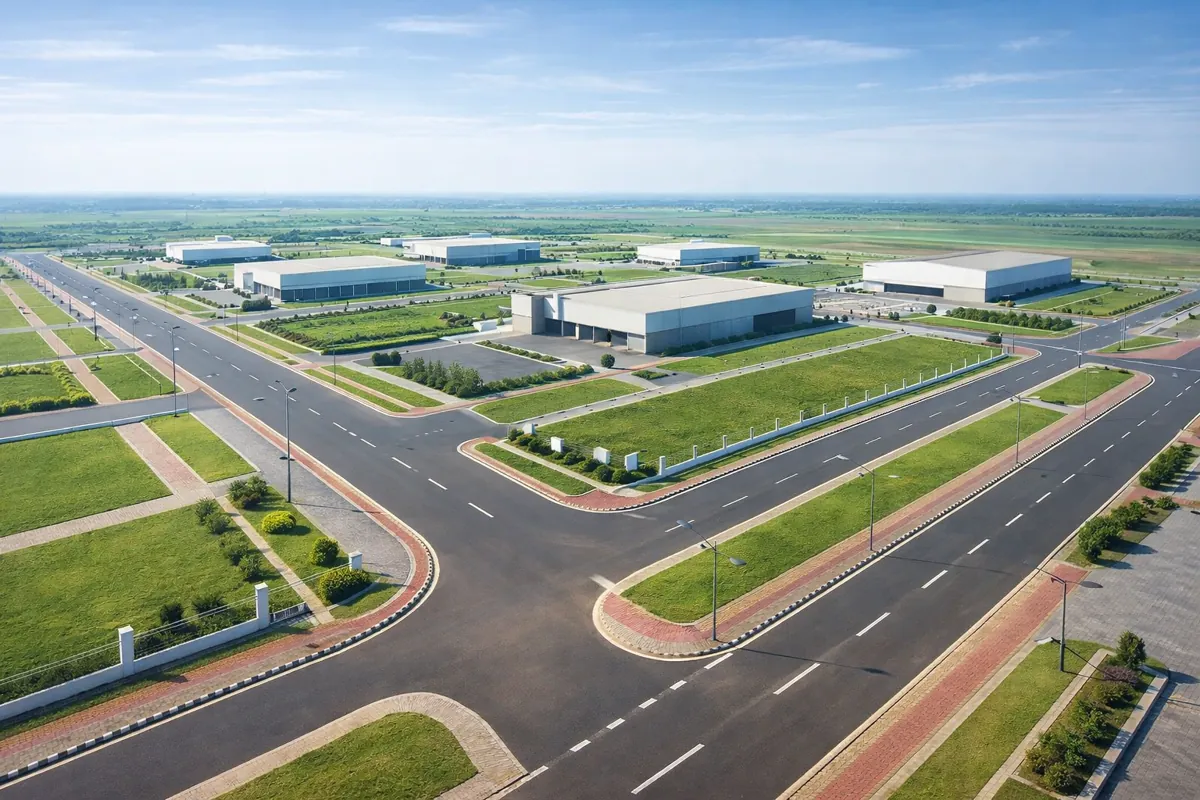 Aerial view of MET City industrial plots with wide roads and factory buildings