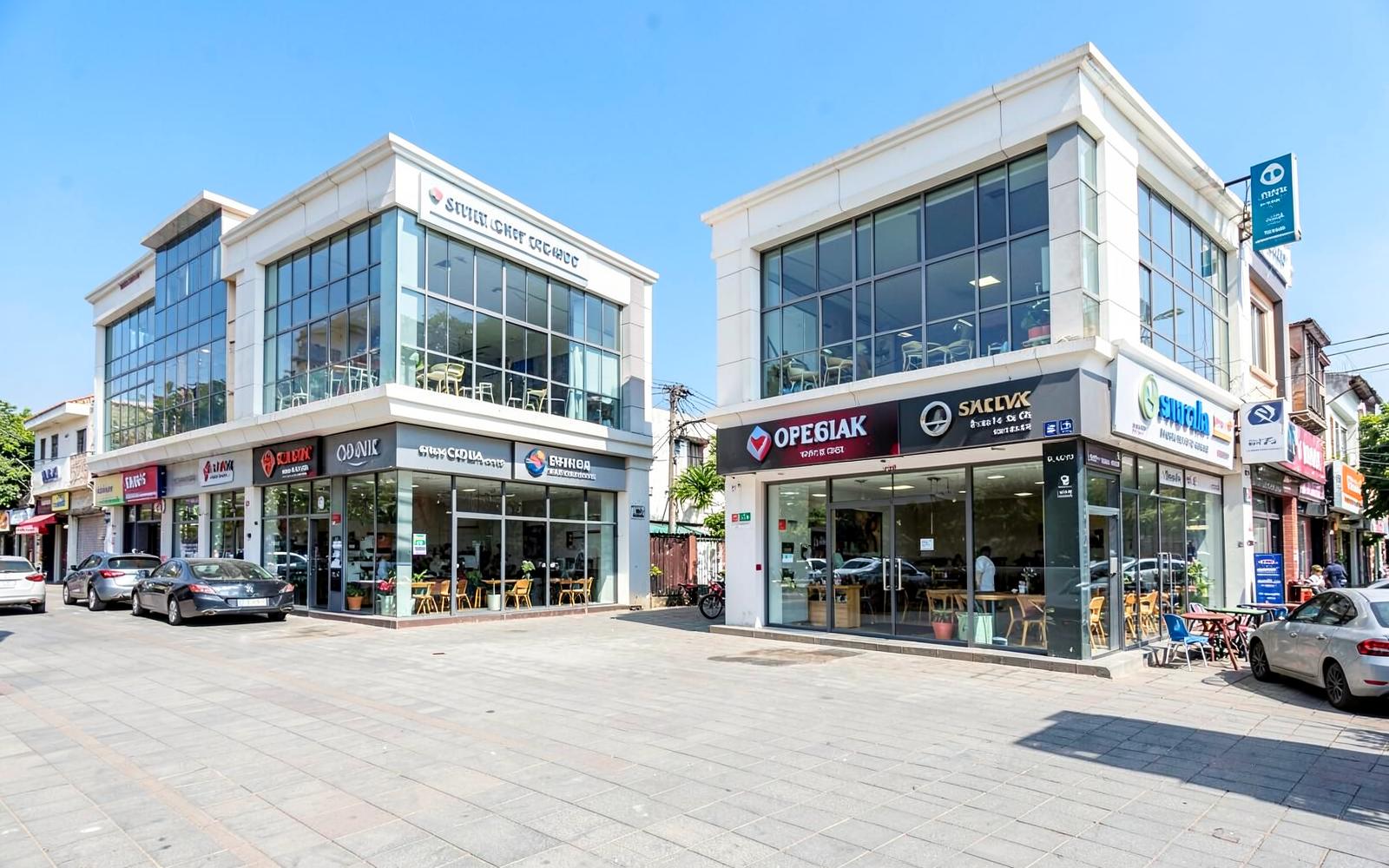 Modern high-street shop-cum-office retail block with glass shopfronts in bright daylight